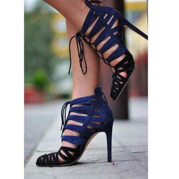 Zara High Heel Lace-up Colorblock Sandals Moody Blue & Black - Picture 1 of 7